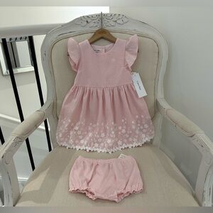🦢 24 Mth Linen Charming Pink Ruffle Baby Dress With Embroidery & Flowers NWT